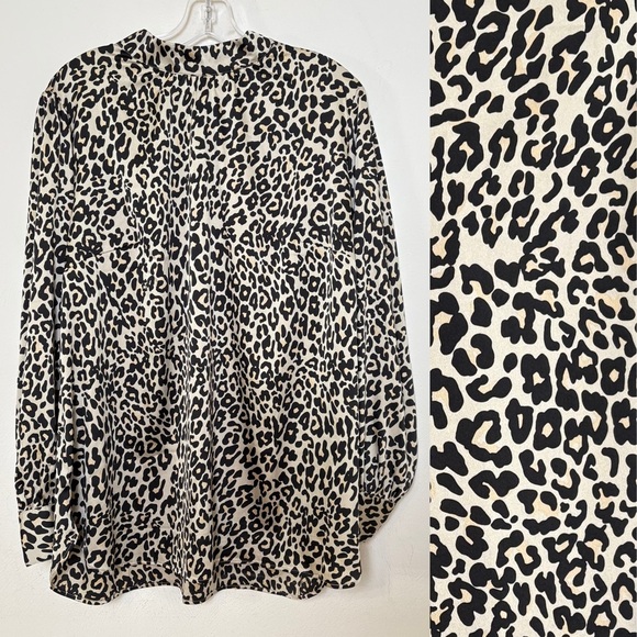 LOFT Leopard Print Silk Feel Silky Mock Neck Long Sleeve Blouse Top Shirt 16 - Picture 1 of 11